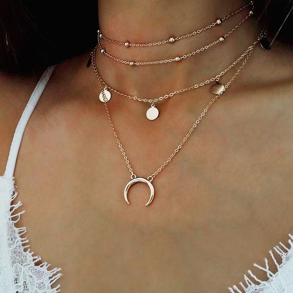 

necklace choker disc moon pendant multi-layer bead clavicle necklace jewelry, Silver