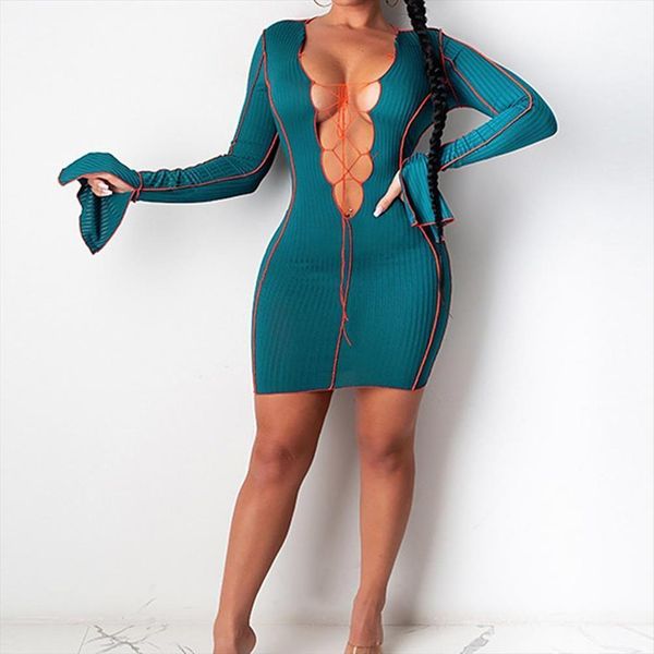 

50%open front womens dresses lace up deep v neck ribbed long sleeve mini bodycon dress, Black;gray