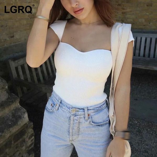 

women's t-shirt [lgrq] women blue knitting elasticity casual sheath square neck short sleeve fashion tide spring summer 2021 wk690, White