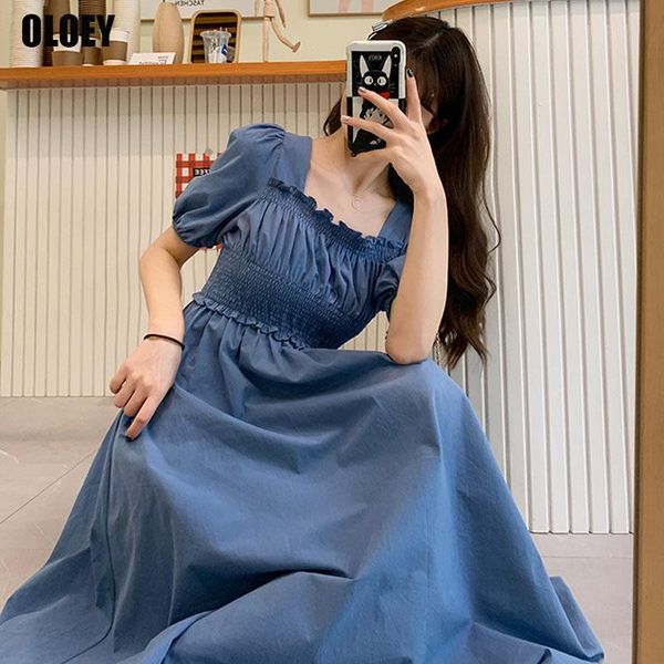 

party dresses women 2021 summer solid pleated square collar office midi mujer elegant korean simple casual loose preppy a-line vestido, White;black