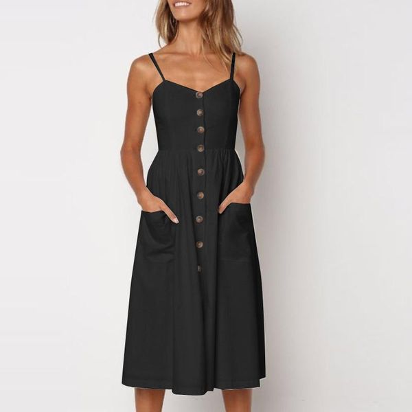

casual dresses women's summer solid color front buttoned high waist a-line pocket sling dress long for women party vestidos 2021, Black;gray