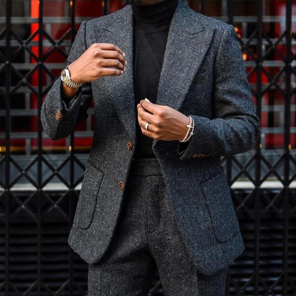 

men's suits & blazers (jacket+pants) autumn causual male suit dark grey tweed slim fit warm tuxued groom wediing fashion jacket coat cu, White;black