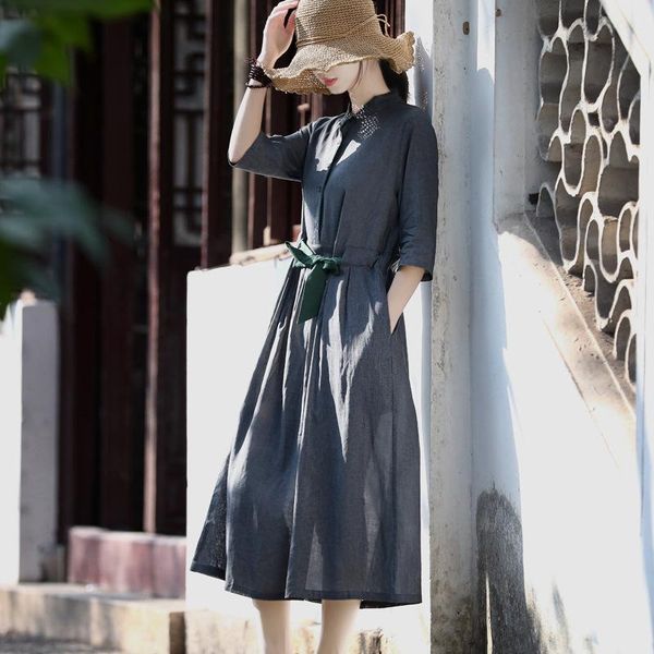 

casual dresses xiaoqing 2021 yarn dyed cotton literature and art loose 7 / 3 sleeve bottom dress long skirt women's spring summer tie, Black;gray