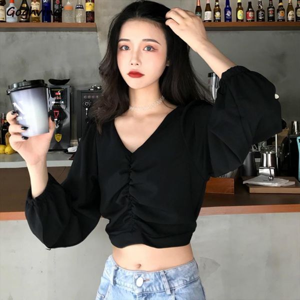 

v neck long womens shirt puff sleeve crop elegant pleated solid streetwear retro stylish slim shirts, White