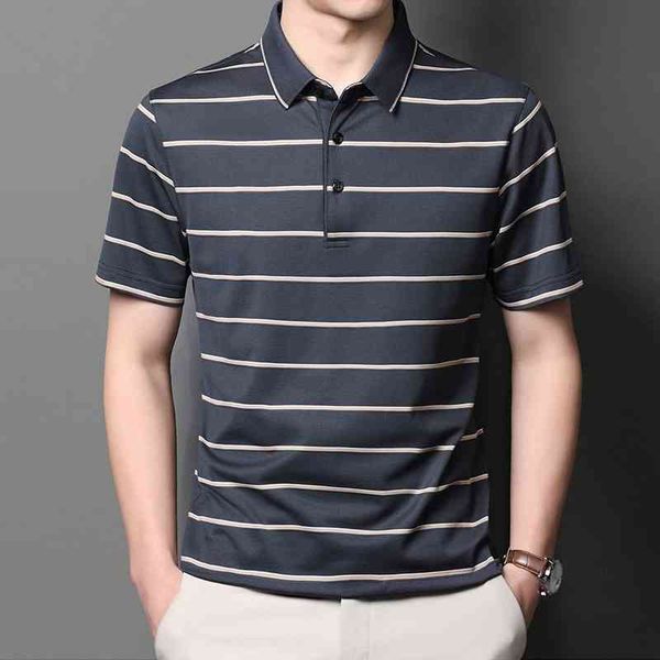 

2021 summer short mulberry middle age loose lapel stripe t-shirt men's half sleeve ice silk t-shirt, White;black