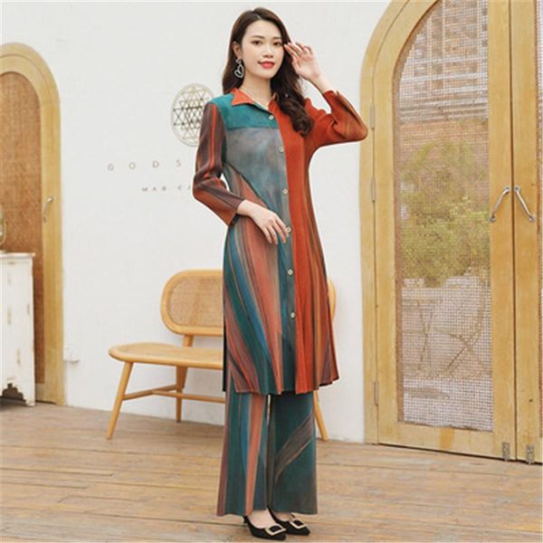 

miyake high-end light luxury women's folds 2021 spring and autumn abstract printing temperament fashion suit dress + trousers tracksuit, Gray