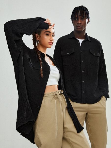 

1pc drop shoulder flap pocket shirt x0bu#, White;black