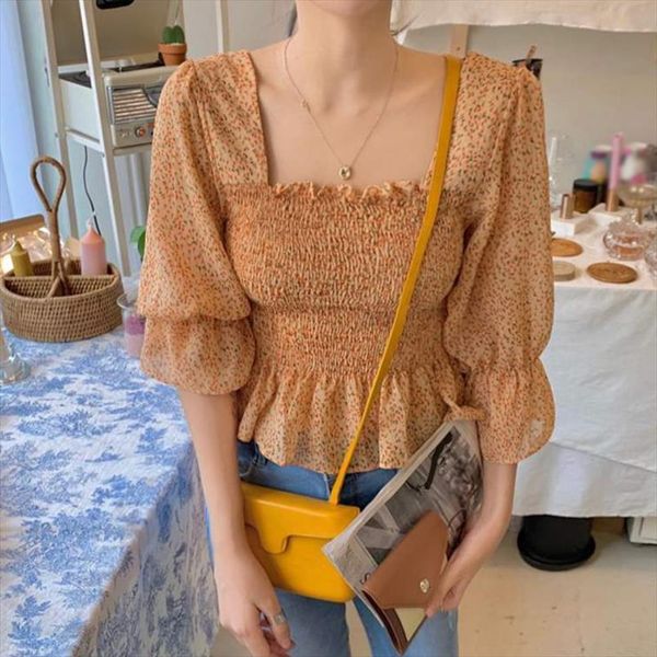 

summer square collar dots vintage womens blouses lantern sleeve chiffon, White