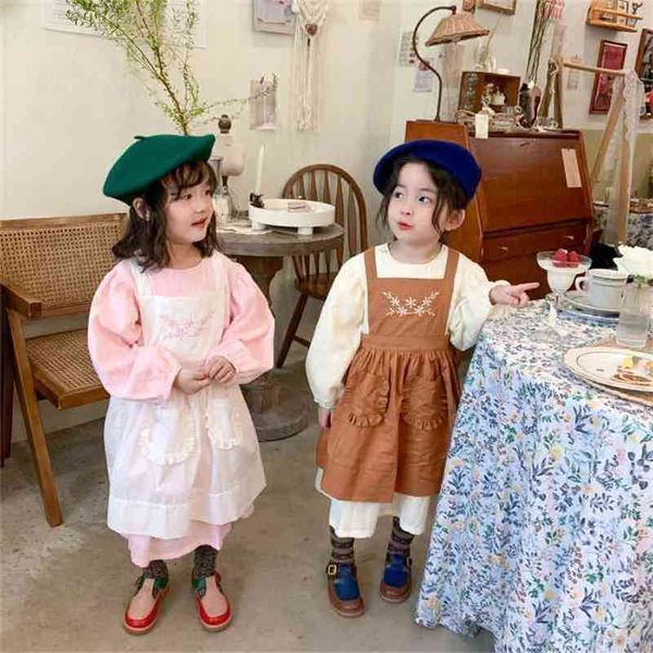 Abito da bambina in cotone a maniche lunghe in 2 pezzi con arrivo primaverile + grembiule, abiti da boutique 210528