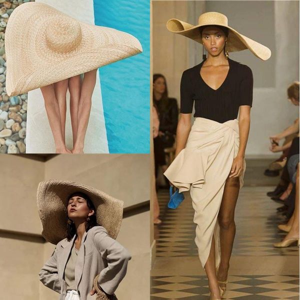 

wide brim hats 30cm oversized beach straw handmade women sun shade hat breathable cool ladies summer uv foldable travel, Blue;gray