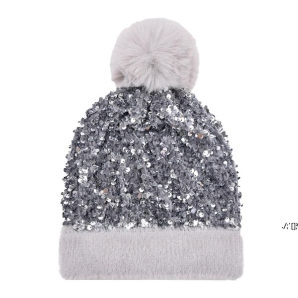 Winter Plus Samt Pailletten Gestrickte Hüte Für Frauen Beanie Hut Unisex Elastische Warme Hip Hop Cap Weiche Baggy Bonnet LLA10693