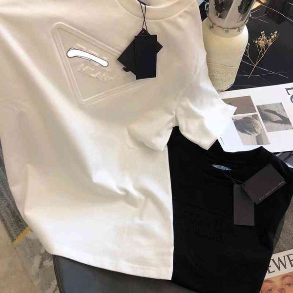 

women's t-shirt european fashion brand early spring pr inverted triangle 3d embossed cotton loose and versatile short sleeve t-shirt wo, White