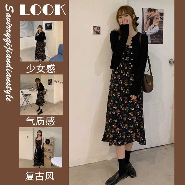 

early women's 2021 style temperament fashion wear with early autumn two-piece suit broken flower drs, Black;gray