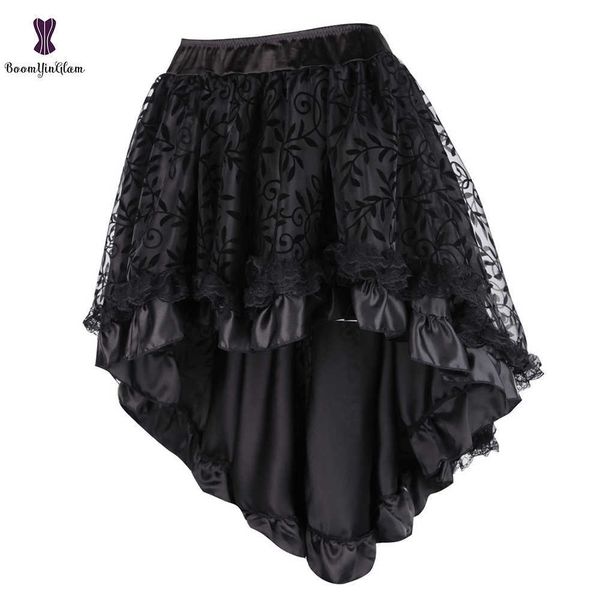 

black women's victorian asymmetrical ruffled satin lace trim gothic skirts vintage corset steampunk skirt cosplay costumes 937# 210724