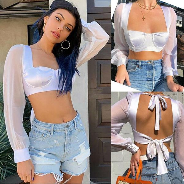 

women's t-shirt women 2021 summer casual off shoulder t shirts korean long sleeve crop tee white fishnet see through slim