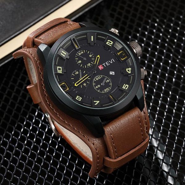 

wristwatches mens watches waterproof sport wrist watch chronograph quartz military genuine leather relogio masculino, Slivery;brown