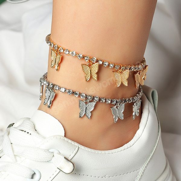 

fashion butterfly anklet crystal chain foot jewelry for women summer beach anklets bracelet on leg gold&silver color, Red;blue
