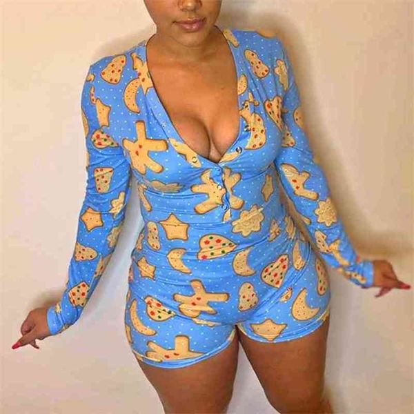 OMSJ SEXY PLUS Размер повседневной пижамы Rompers Blue Cookies Print Pattern Pattern Womans с длинным рукавом комфорт дома ночная одежда комбинезон шорты 210517