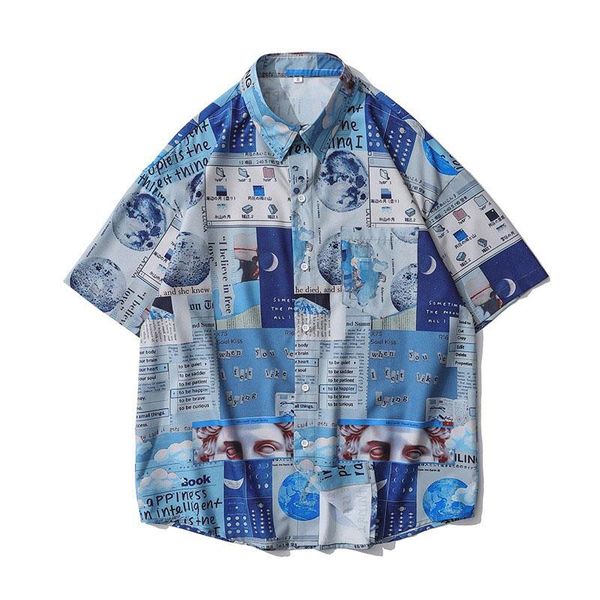 

men's casual shirts men shirt short sleeve 2021 arrival summer loose male thin high tech cartoons astronaut japanese style s44, White;black