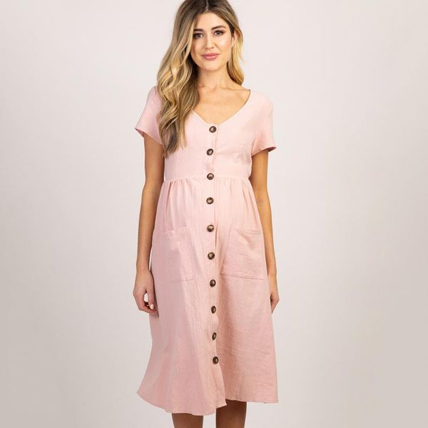 

spring summer elegant short sleeve maternity dress button pocket v-neck casual clothes for pregnant women dresses, White