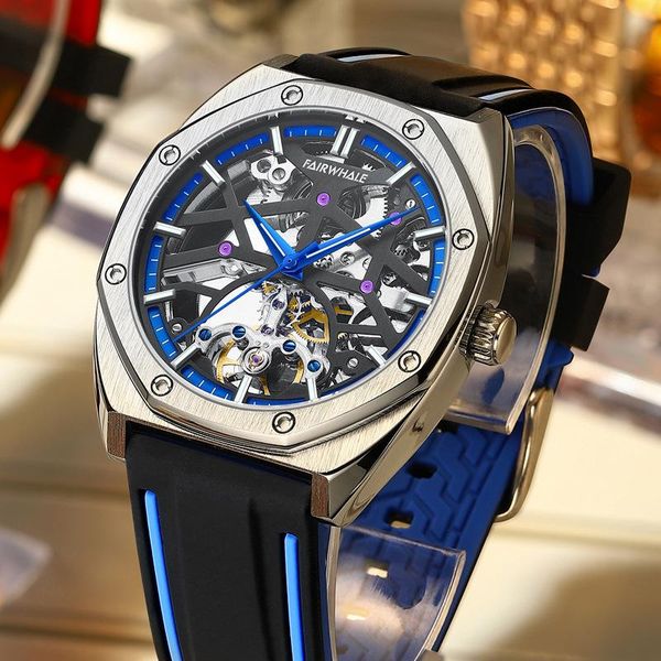 

wristwatches fashion trend men's mechanical watch brand double-sided hollow waterproof silicone relogio masculino, Slivery;brown