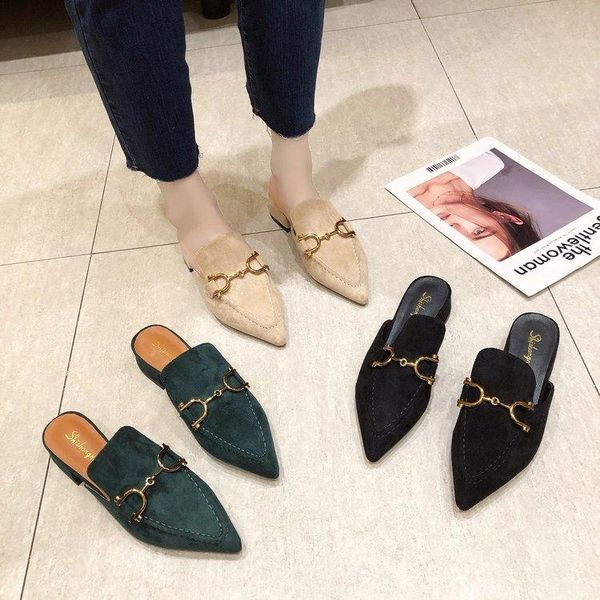 

summer low heel slippers women shoes pointed toe female slides woman outdoor buckle chain, Black