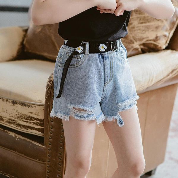 

shorts girls summer children's with flower belt for kids fashion hole denim short trousers baby girl clothes 4-13yrs, Black