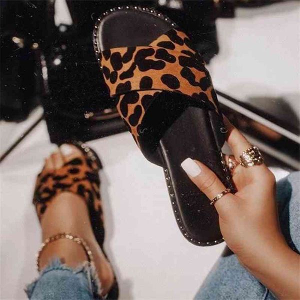 

women's leopard print beach slippers ladies summer shoes outdoor woman casual flat heels cross tie female lady slides 210310, Black
