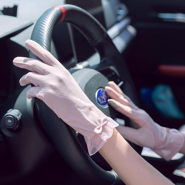

five fingers gloves summer lace cotton bow women sunscreen touch screen silk thin breathable mesh anti-uv skid driving cycling, Blue;gray