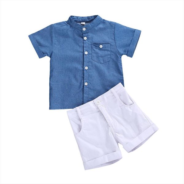 

1 6y kids baby boy summer clothes blue solid button short sleeve shirt shorts gentleman set 2pcs clothing, White