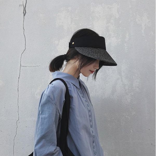 

outdoor hats women cute straw visor hat with shiny band panama summer sun protection effective uv resistant cap, Black;white