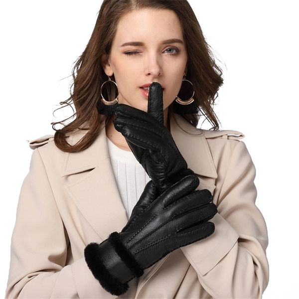 

fur integrated leather horizontal hair women's gloves for outdoor cycling in autumn and winter, warm windproof, Black