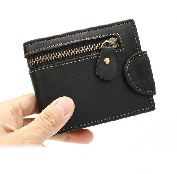 

wholeslae men's short wallets cowhide leather zipper buckle multifunctional coin purse genuine leathers wallet 7212, Red;black