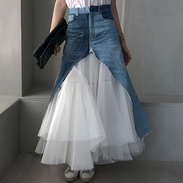 

skirts spring 2021 europe stylish designer women patchwork tutu mesh denim skirt high street faux two piece ball gown long, Black