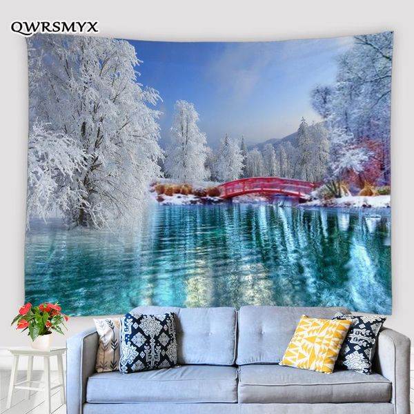

tapestries winter snow scene of red arch bridge on glacial river tapestry aesthetics decoration for bedroom home decor wall hanging