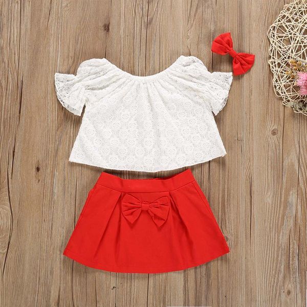 

clothing sets #5 summer kids baby girl children girls puff sleeve lace skirt bowknot hairpin 3pcs clothe suit clothes, White
