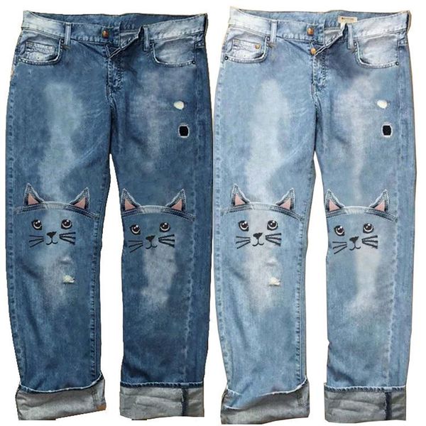 

women's jeans embroidered loose ladies trousers ripped for women, Blue