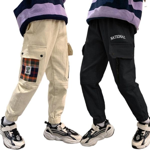 

trousers boys cargo pants streetwear joggers multi-pocket tactical hip hop elastic waist school spring autumn clothes 8 14, Blue