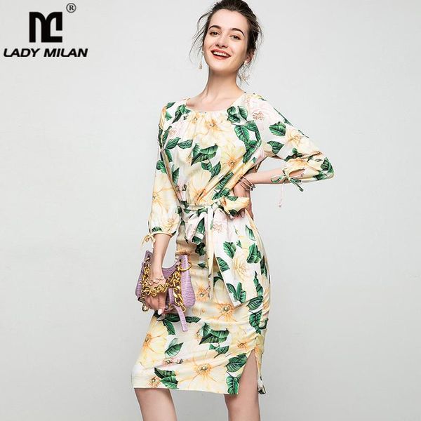 

casual dresses women's runway o neck 3/4 sleeves printed side split sash belt fashion autumn pencil dress vestidos, Black;gray