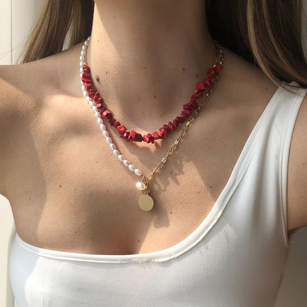 

pendant necklaces european and american style double-layer necklace natural stone simple imitation pearl contrast color creative, Silver
