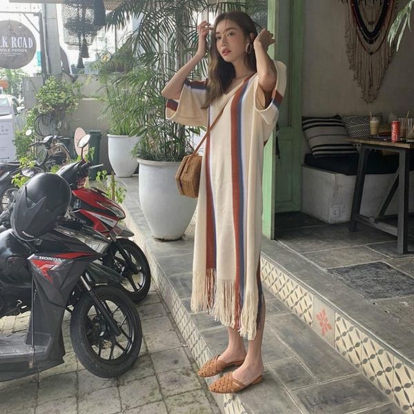 

casual dresses women's autumn long stripe knitted sportswear gown, Black;gray