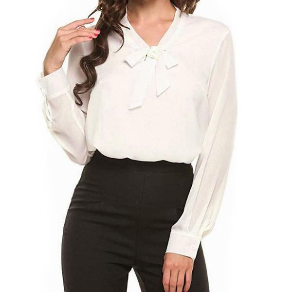

women's t-shirt kayotuas women office ladies bowknot tie lace-up formal elegant female chiffon casual work business streetwear, White