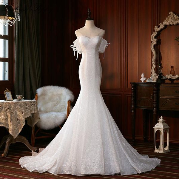 

other wedding dresses lceland poppy boat neck shiny tulle mermaid off the shoulder short sleeves floor length bridal gowns sweep train, White