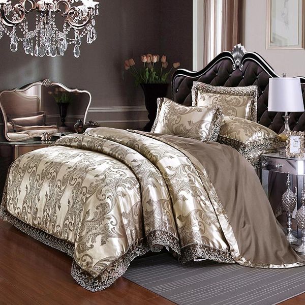 

bedding sets luxury european style jacquard silk silvery green blue set lace duvet cover bed sheet/linen pillowcases 3/4pcs skirt