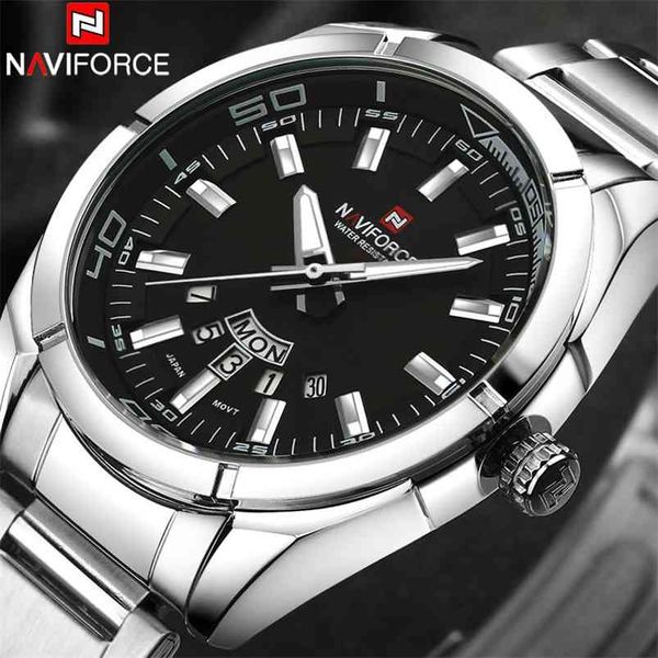 

naviforce brand men watches business quartz watch men's stainless steel band 30m waterproof date wristwatches relogio masculino 210804, Slivery;brown