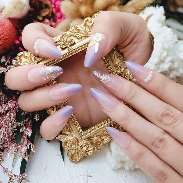 

false nails 24pcs/box press on stiletto nail tips purple gradient net red decorative white wearable bridal fake full cover acrylic, Red;gold