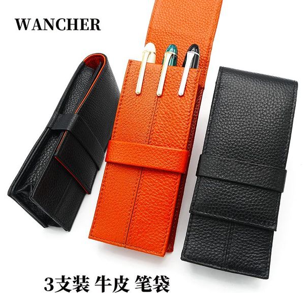 

wancher genuine leather fountain pen case cowhide 3 pens holder pouch sleeve pencil bag office accessories bags