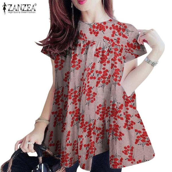 

women's blouses & shirts casual o neck loose work blusas zanzea vintage office printed shirt fashion women floral blouse summer short s, White