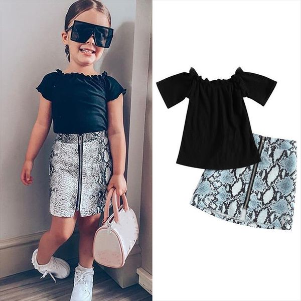 

1 6y fashion kids girls clothes sets off shoulder short sleeve knit snakeskin print zipper a line skirts, White