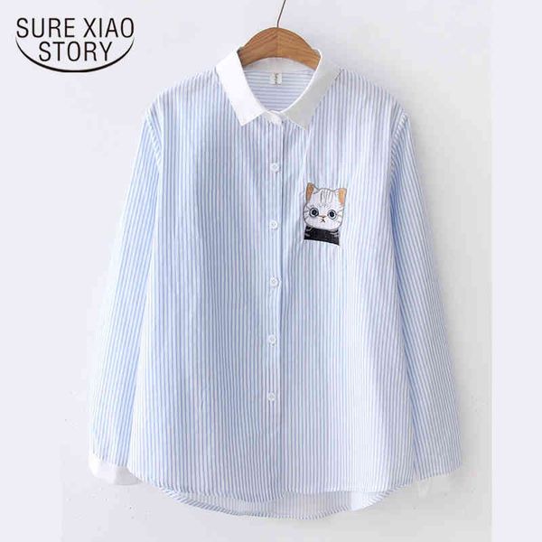 

autumn korean women sweet long sleeve female blue striped bottom shirt delicate embroidery blouses 6589 50 210417, White